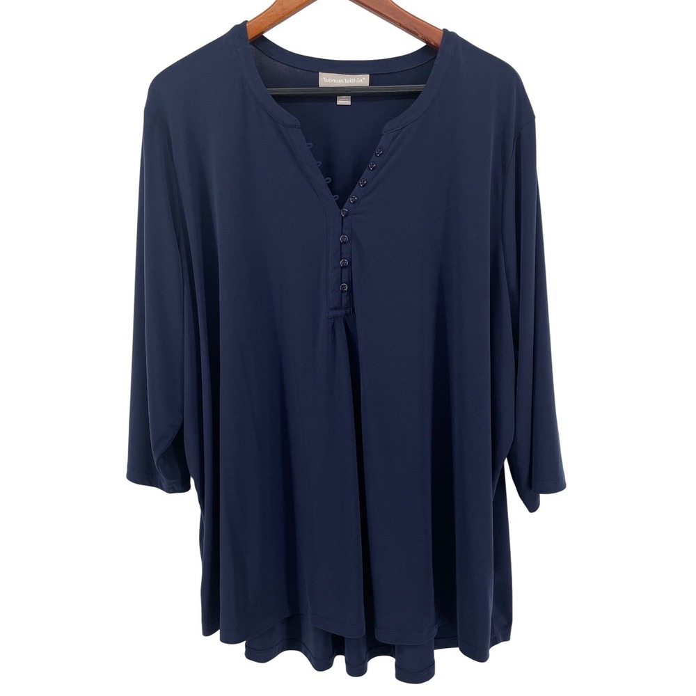 Knit Henley Top Womens 2X Navy Blue Classic Minimalist Closet Staple Nautical